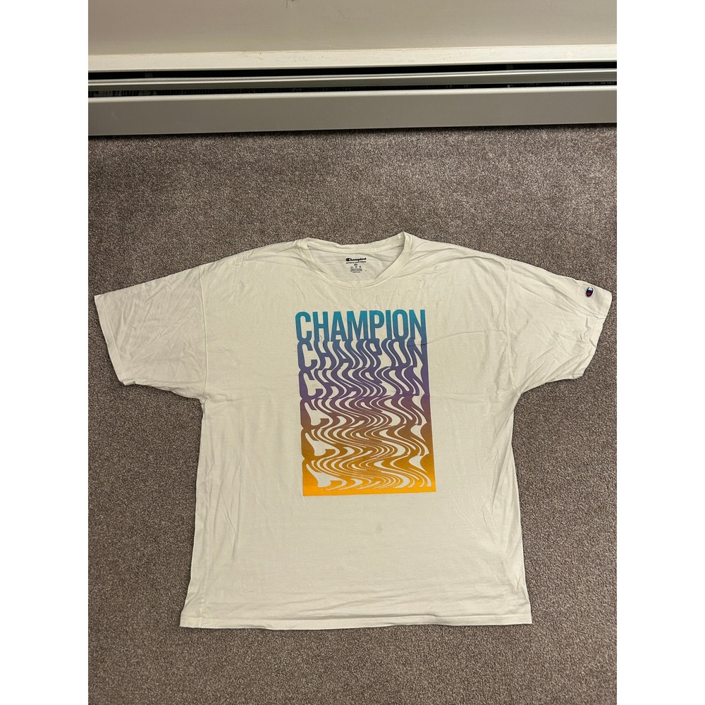 Champion Graphic T-Shirt Mens 2XL‎ White Excellent Psychedelic Wavy Logo Tee